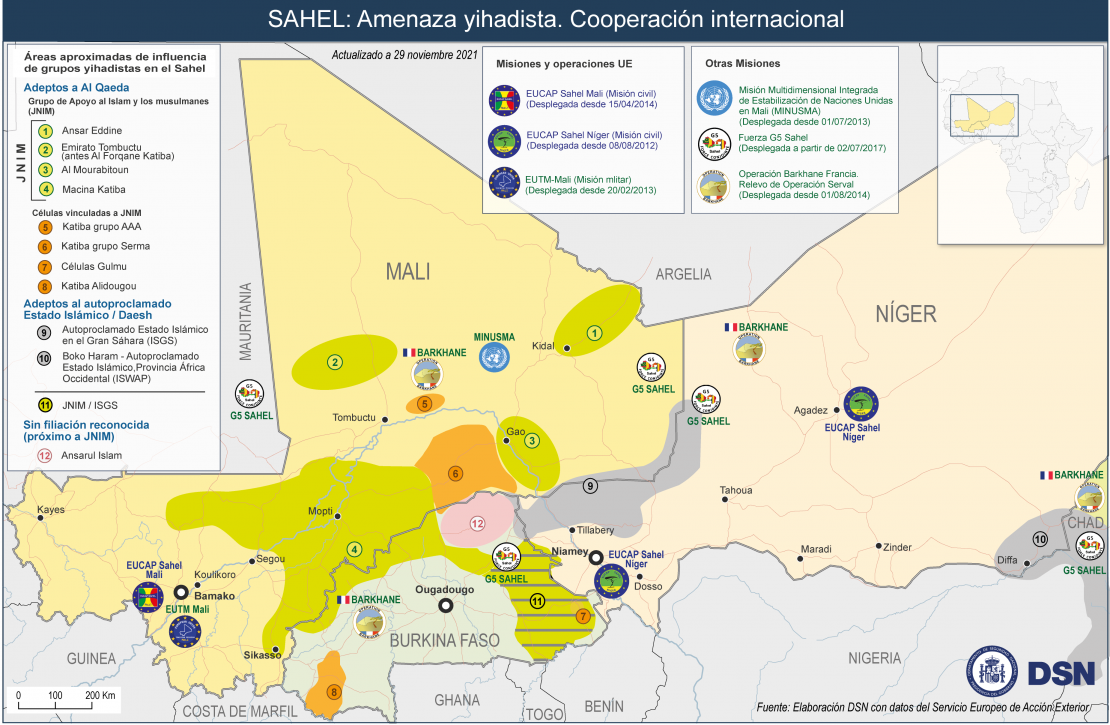 Mapa Sahel grupos armados y cooperación internacional
